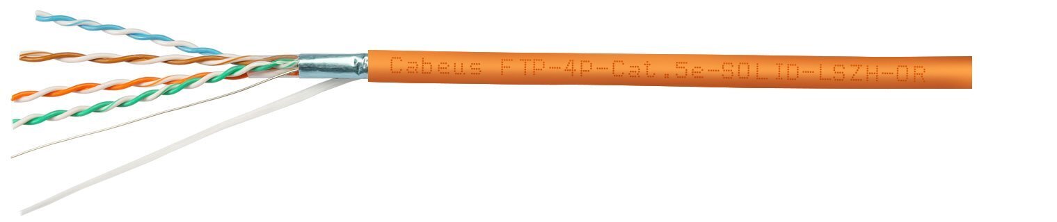 Кабель витая пара экранированная ftp (f/utp), категория 5e, 4 пары (24 awg), одножильный, экран — фольга, lszh, нг(а)-hf, (100 м) Cabeus FTP-4P-Cat.5e-SOLID-LSZH-100