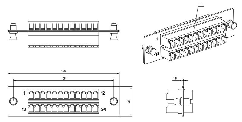 Hyperline FO-FPM-W120H32-24LC-BL Панель для FO-19BX с 24 LC адаптерами, 24 волокна, одномод OS1/OS2, 120×32 мм, адаптеры цвета синий (blue)
